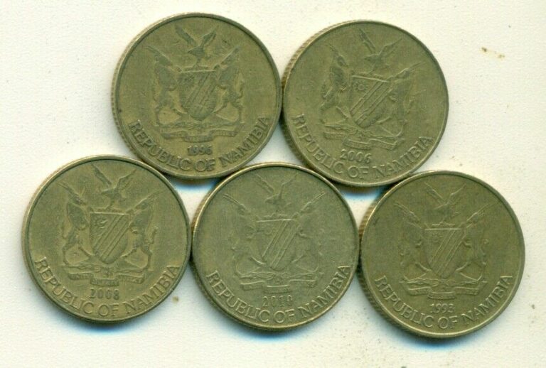 Read more about the article 5 DIFFERENT 1 DOLLAR COINS from NAMIBIA (1993  1996  2006  2008 and 2010)