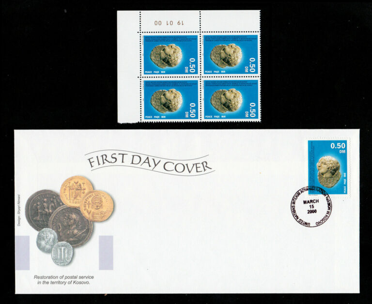 Read more about the article KOSOVO PEACE 2000 SCOTT #3 ON COINS FDC AND BLOCK OF 4 MNH-OG