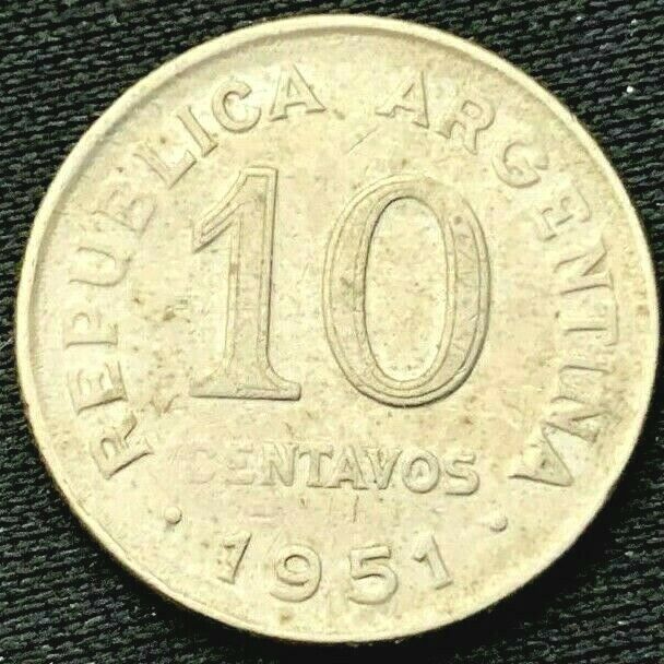 Read more about the article 1951 Argentina 10 Centavos Coin XF +     Copper nickel      #K659