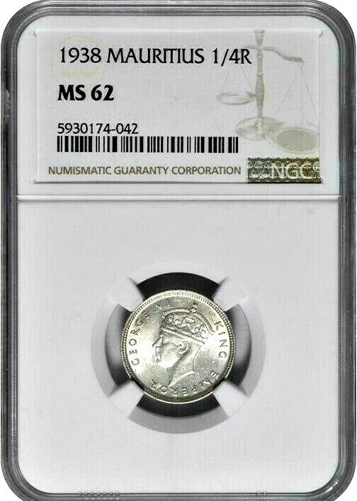 Read more about the article 1938 Mauritius 1/4 Rupee  NGC MS 62