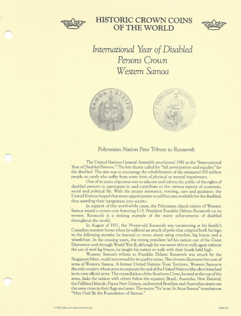 Read more about the article Historic Coins of the World Western Samoa 1 Tala 1981 UNC Disabled Roosevelt