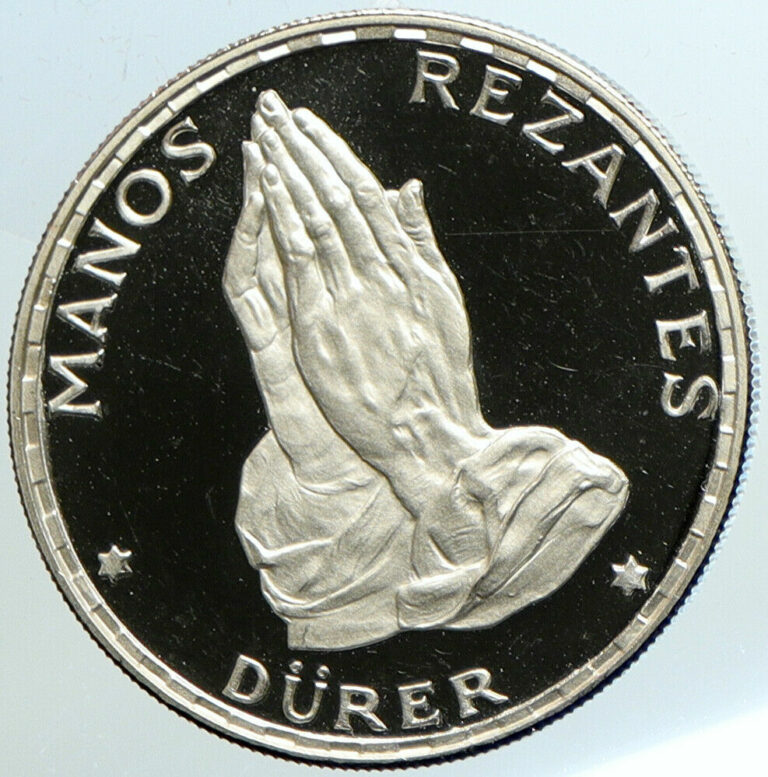 Read more about the article 1970 EQUATORIAL GUINEA Dürer’s Praying Hands Proof Silver 50 Peseta Coin i101466