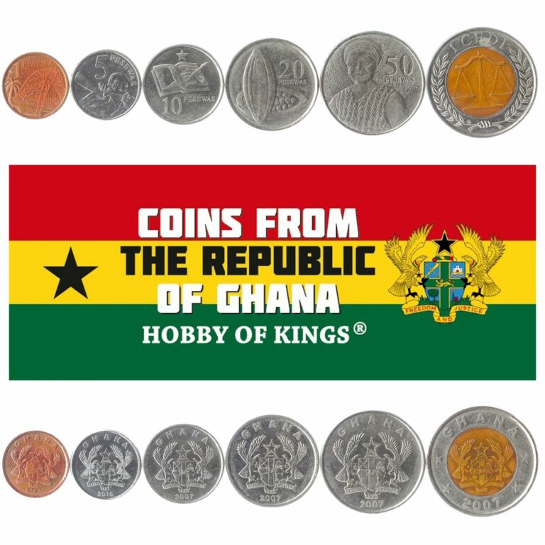 Read more about the article SET OF 6 COINS FROM GHANA. 1  5  10  20  50 PESEWAS  1 CEDI. OLD MONEY 2007-2016