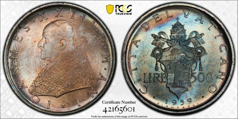 Read more about the article 1959 Vatican City 500 Lire PCGS MS66 Toned Silver Registry Coin Anno I KM 65.1