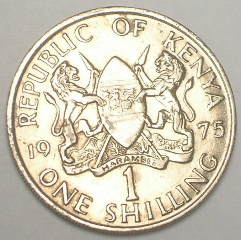 Read more about the article 1975 Kenya Kenyan One 1 Shilling Kenyatta Lions in Arms Coin XF