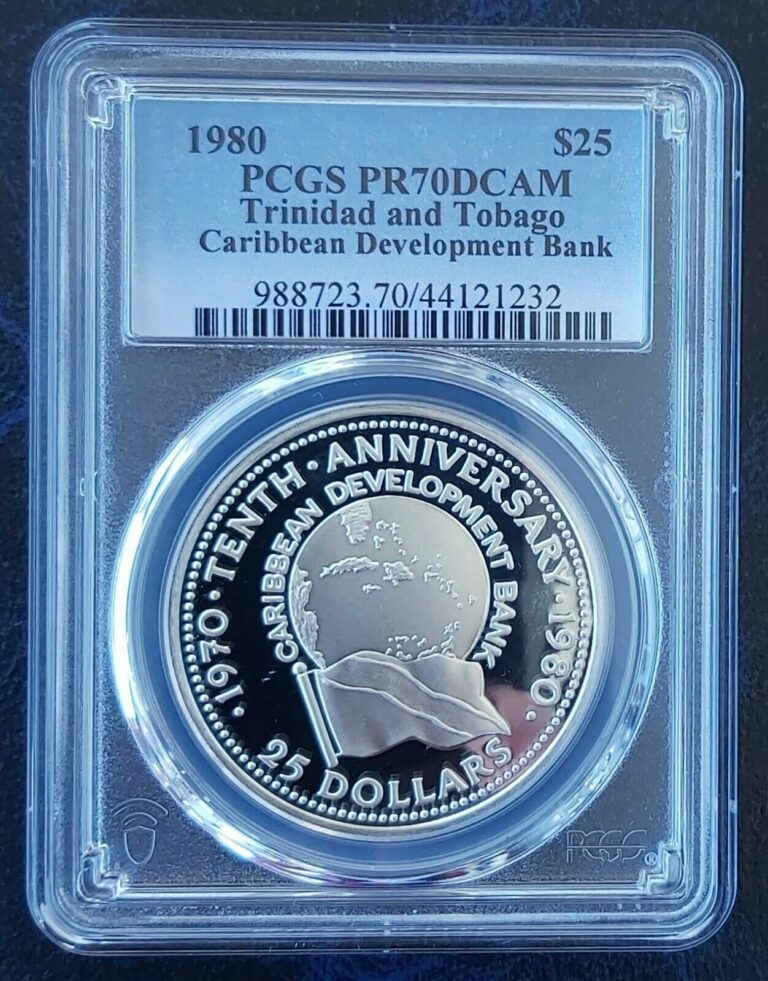 Read more about the article TRINIDAD and TOBAGO PROOF 25$ SILVER COIN 1980 KM#39 BANK PCGS PR70 TOP POP 🥇
