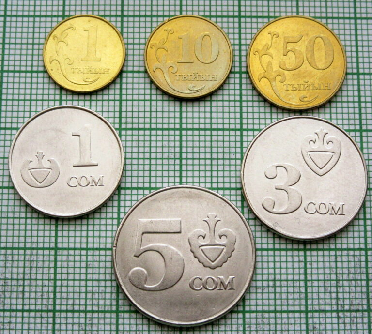 Read more about the article KYRGYZSTAN 2008 6 COINS SET 1  10  50 TYIN 1  3  5 SOM  ALL UNC