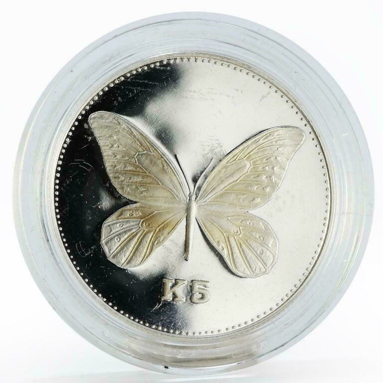 Read more about the article Papua New Guinea 5 kina Queen Alexandra Butterfly proof silver coin 1992