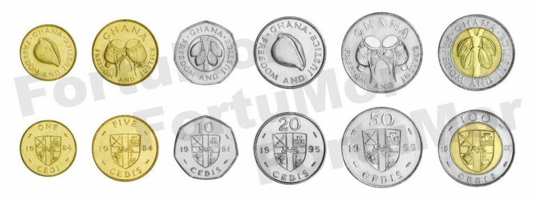 Read more about the article GHANA UNC SET OF 6 COINS 1 5 10 20 50 100 CEDIS 1984 – 1999 BIMETAL