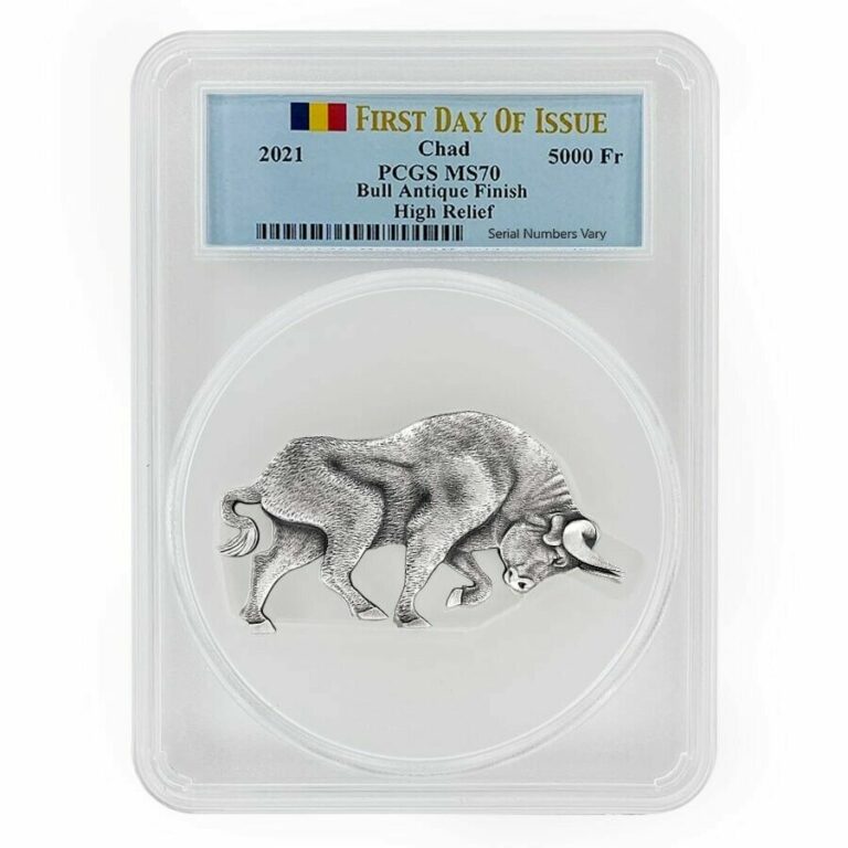 Read more about the article 2021 Chad 1 oz Silver Bull Shaped Coin PCGS MS 70 FDOI Antiqued High Relief