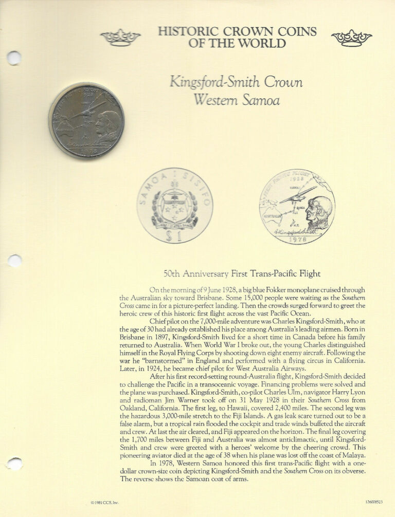 Read more about the article Historic Coins the World Western Samoa 1 Tala 1978 aUNC 1st Transatlantic Flight