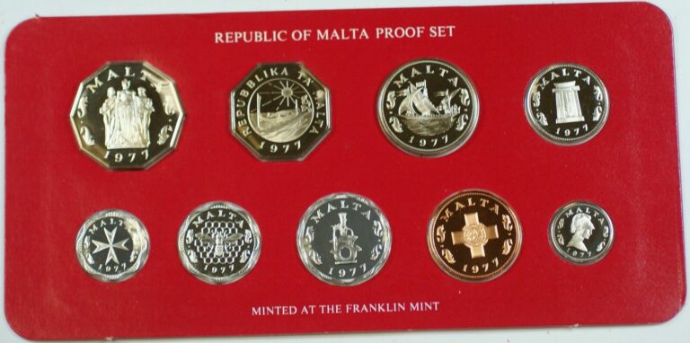 Read more about the article 1977 Republic of Malta Proof Set  9 Gem Coins  Made by the Franklin Mint W/ COA