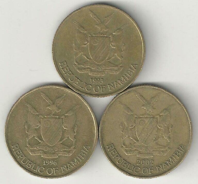 Read more about the article 3 DIFFERENT 1 DOLLAR COINS from NAMIBIA (1993  1996 and 2002).