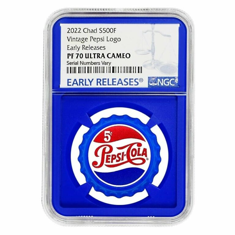 Read more about the article 2022 Chad 6 gram Pepsi-Cola Retro Bottle Cap Silver Coin NGC PF 70 ER Blue Core