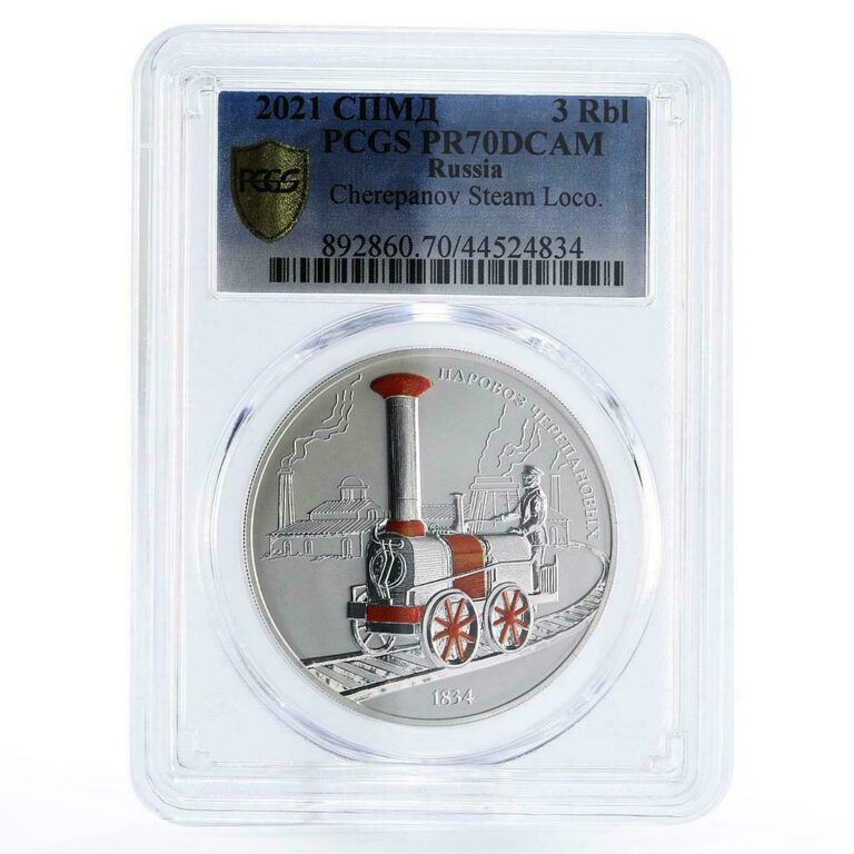 Read more about the article Russia 3 rubles Cherepanovs Steam Train Railways PR70 PCGS silver coin 2021