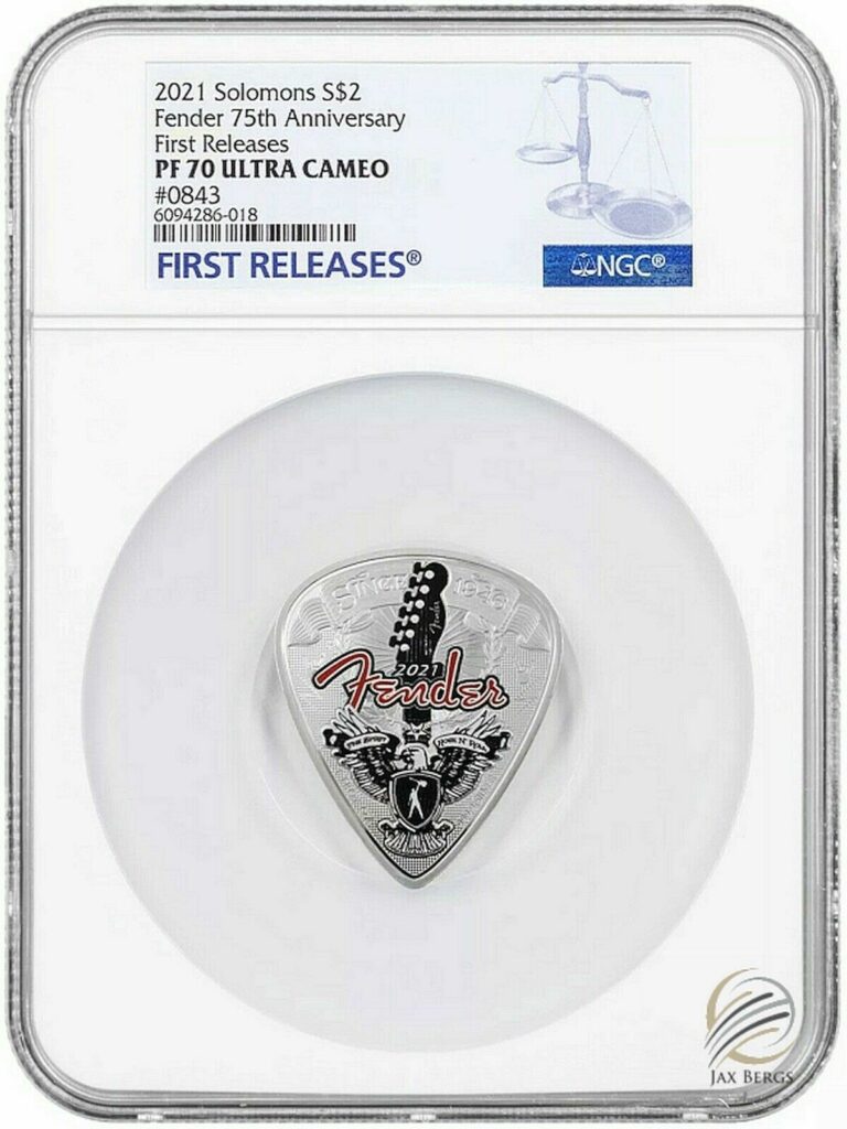 Read more about the article 2021 Solomon Islands Fender 75th Anv Guitar Pick Shaped 1 oz Silver NGC PF70 FR