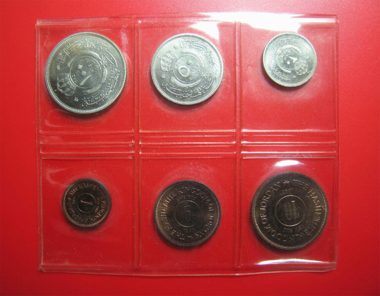 Read more about the article 1965 JORDAN (6) COINS BU PROOF-LIKE SET: 1 FILS+5 FILS+10 FILS+50 FILS+100 FILS