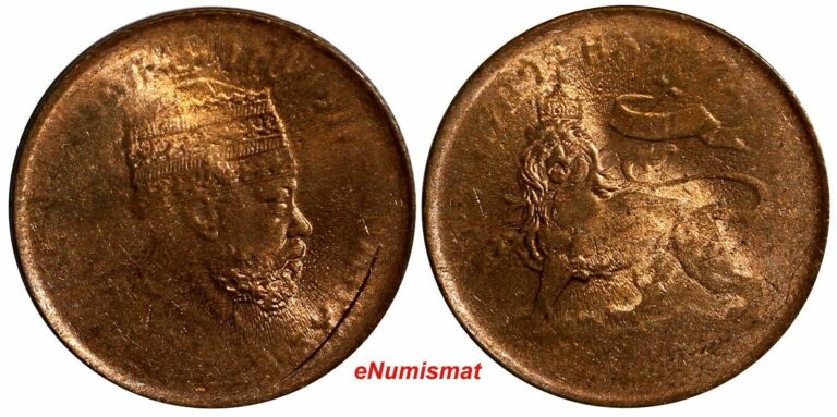 Read more about the article Ethiopia Menelik II (1889-1913)Copper EE1889 (1897) 1/32 Birr Red Toned UNC KM10