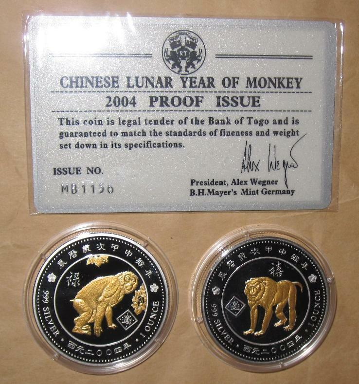 Read more about the article 2004 TOGO year of Monkey(Gilded)$1000F PROOF(PP) silver 2 coins set with COA