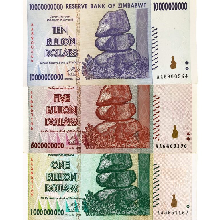 Read more about the article Zimbabwe 1  5  and 10 Billion Dollar Bills Banknotes Paper Money World Currency