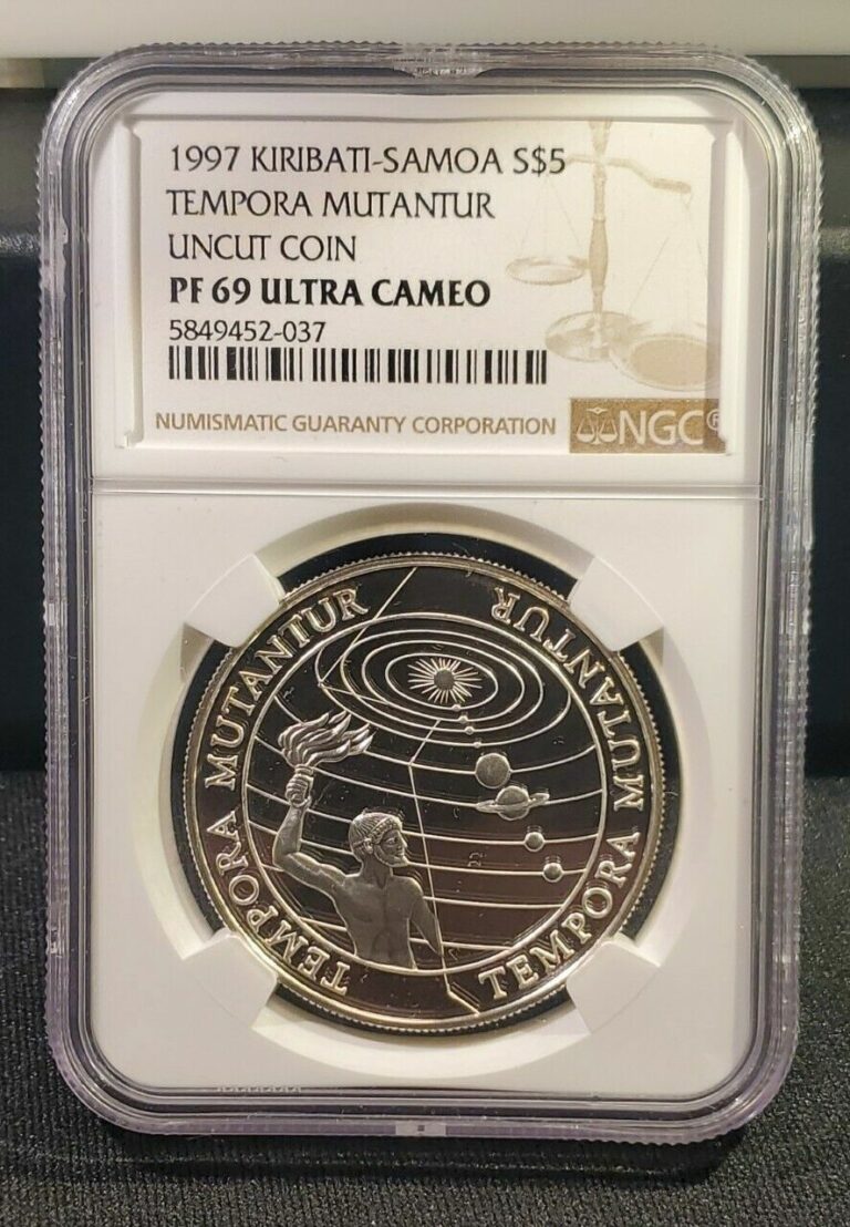 Read more about the article 1997 KIRIBATI/SAMOA $5 Tempora Mutantur Uncut Silver Crown Coin  – NGC PF 69 UC