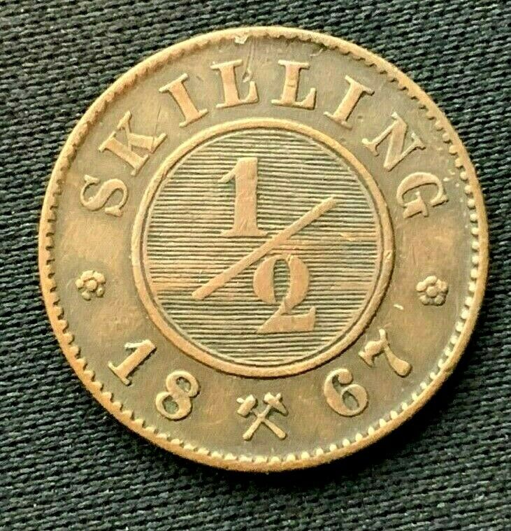 Read more about the article 1867 Norway 1/2 Skilling Coin XF   ( 1 year issue )    Copper     #C630