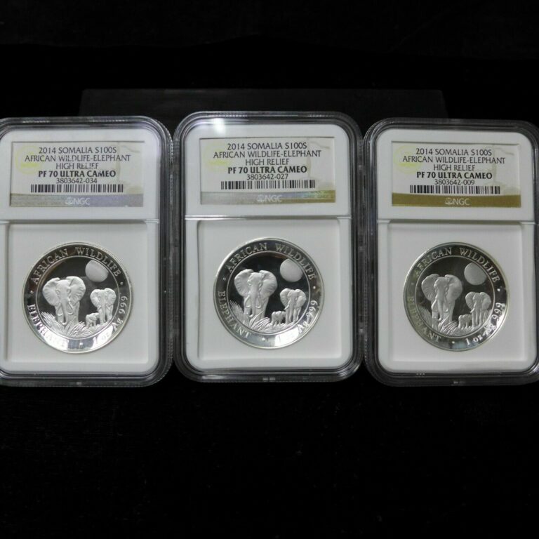 Read more about the article Lot of (3) 2014 Somalia High Relief Elephant Silver 100S NGC PF70 UC