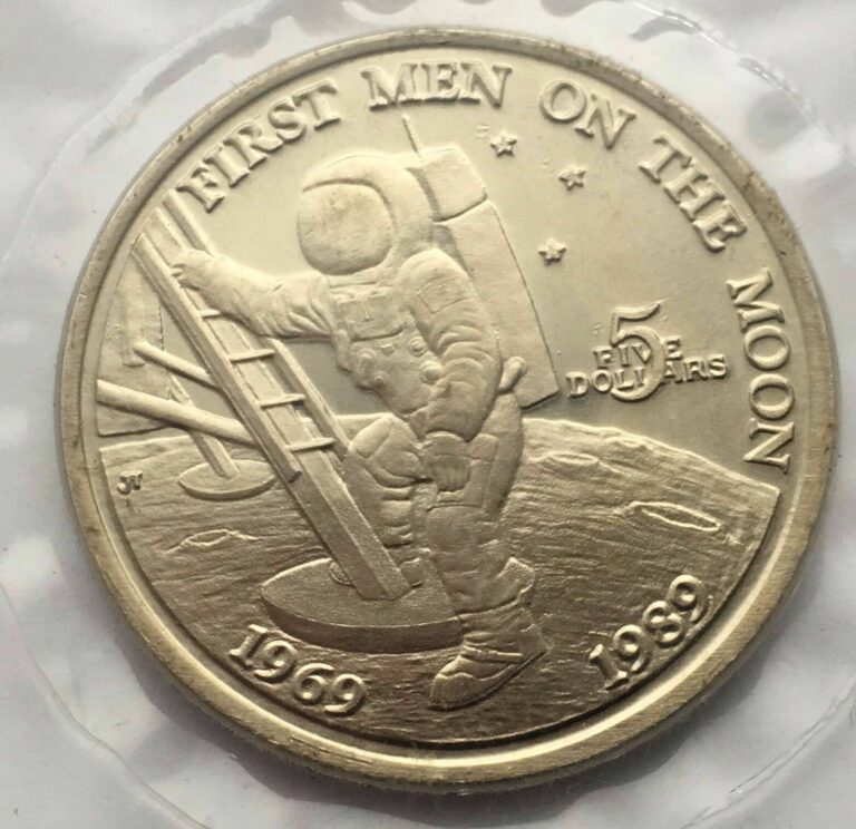 Read more about the article 1989 MARSHALL ISLANDS 20 TH ANNIVERSARY FIRST MEN ON THE MOON FIVE DOLLAR COIN