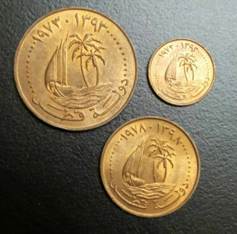 Read more about the article 1973-1978 Qatar 1 5 10 Dirhams Lot 3 Bronze Vintage Coins AU Sailing Boat Trees