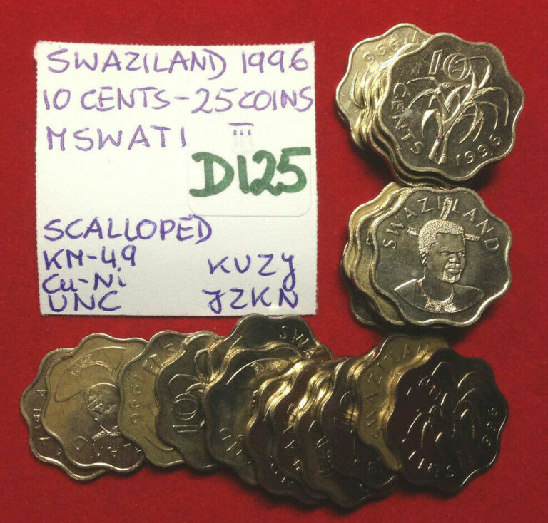 Read more about the article D125 Swaziland; 25 Coins from Mint Bag – Scalloped Cu-Ni 10 Cents 1996 KM#49 UNC
