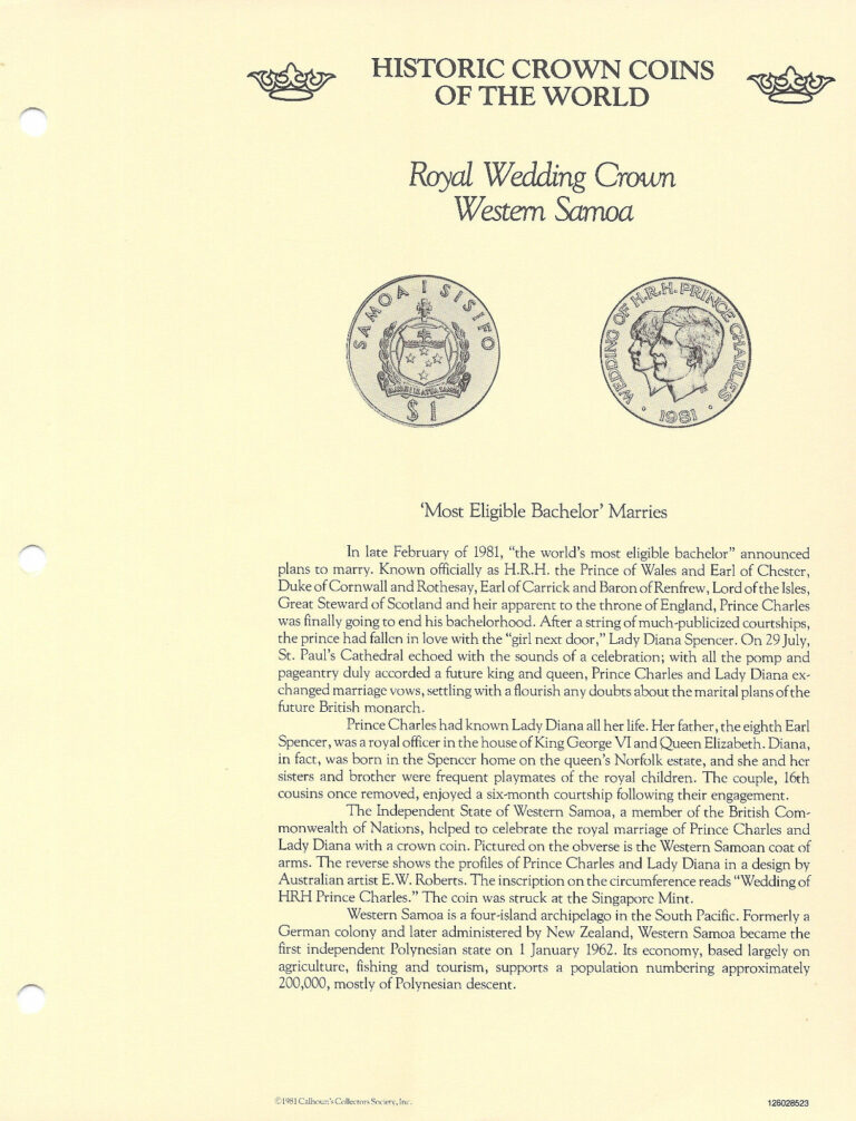 Read more about the article Historic Coins of the World Western Samoa 1 Tala 1981 UNC Royal Wedding A