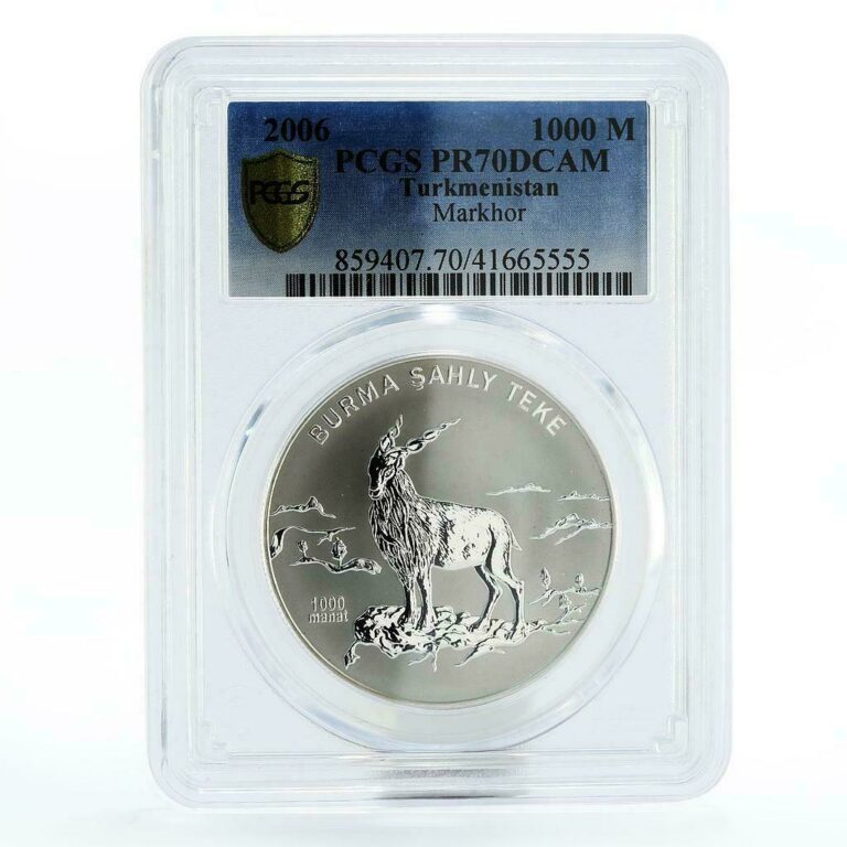 Read more about the article Turkmenistan 1000 manat Endangered Wildlife Markhor PR70 PCGS silver coin 2006