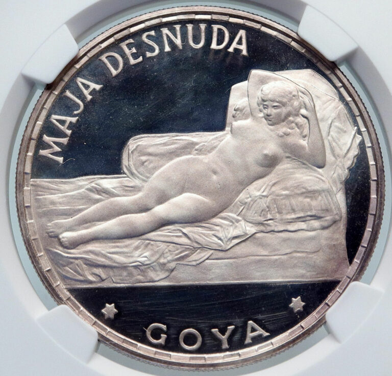 Read more about the article 1970 EQUATORIAL GUINEA Goya Maja Desnuda Proof Silver 100Pesetas Coin NGC i85229