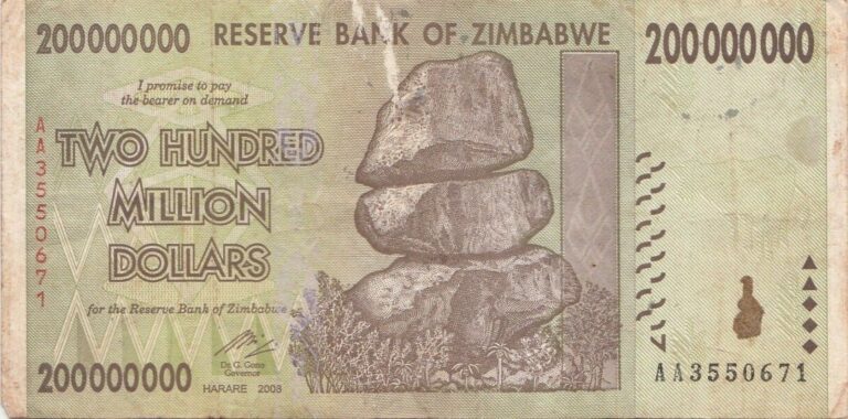 Read more about the article Zimbabwe 200 Million Dollar Note CIRCULATED AA/2008  / $100 Trillion Series