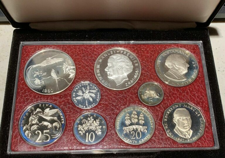 Read more about the article Jamaica 1980 Proof Set w Silver Coin.   9 coins  some nicely toned.