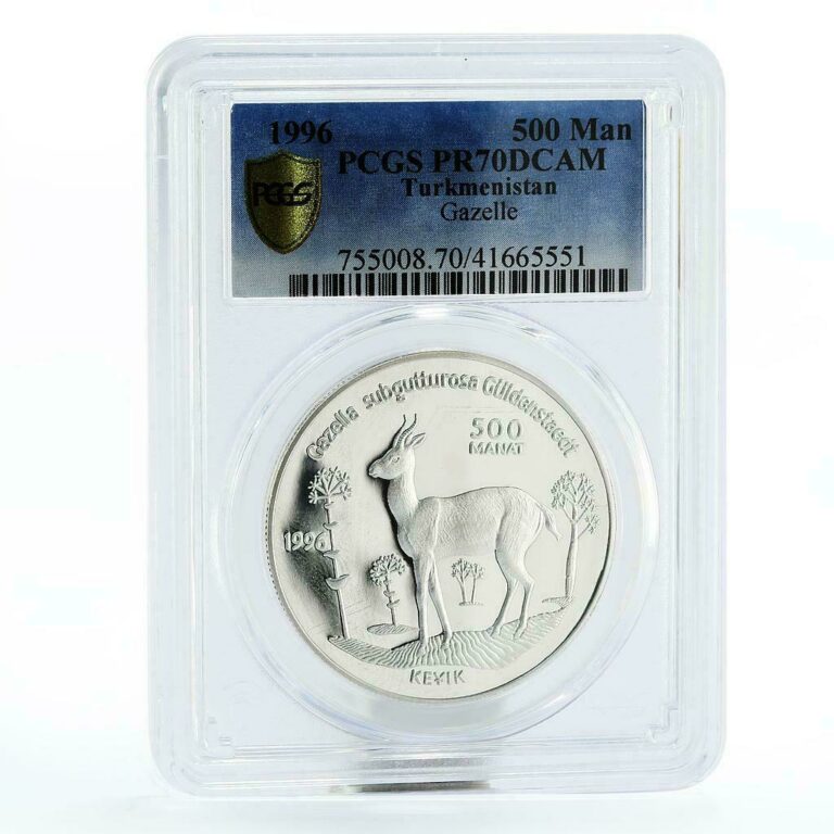 Read more about the article Turkmenistan 500 manat Endangered Wildlife Gazelle PR70 PCGS silver coin 1996