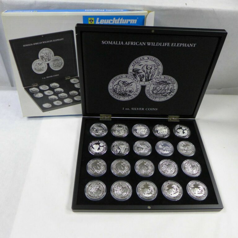 Read more about the article Set of (20) 2012-2019 Somalia Elephant 1oz Silver BU Coins in capsules w/Privy