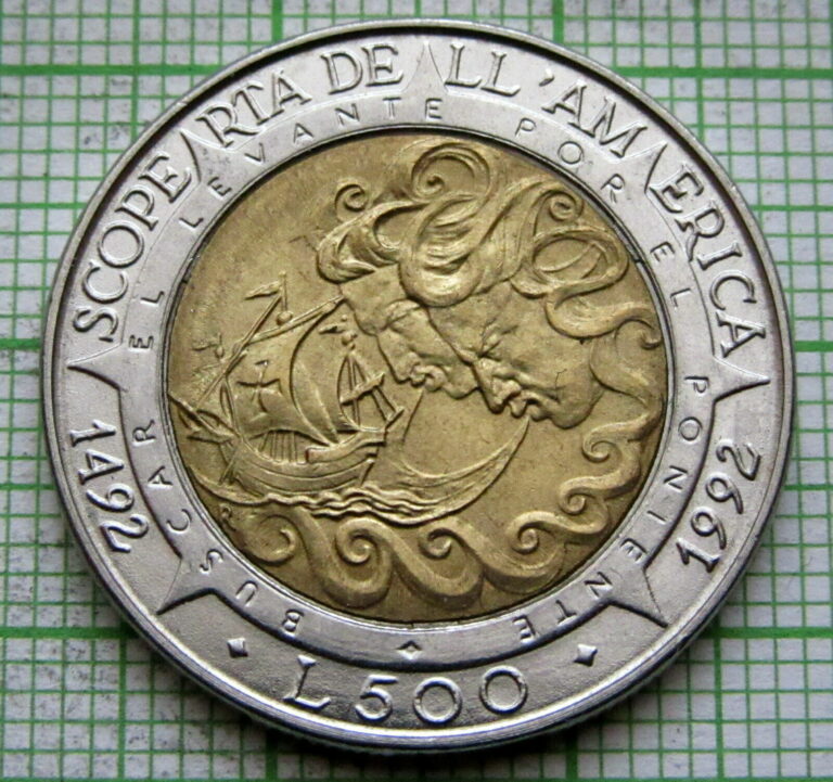Read more about the article SAN MARINO 1992 500 LIRE  Discovery of America 500th Anniversary BI-METALLIC UNC