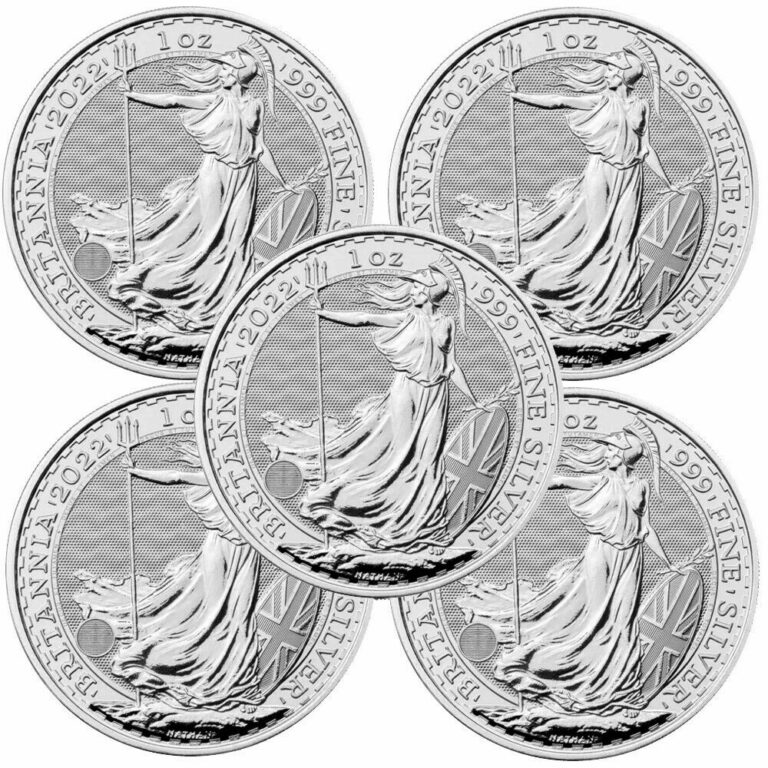 Read more about the article Lot of 5 – 2022 United Kingdom 2 Pound Silver Britannia .999 1 oz BU – IN STOCK