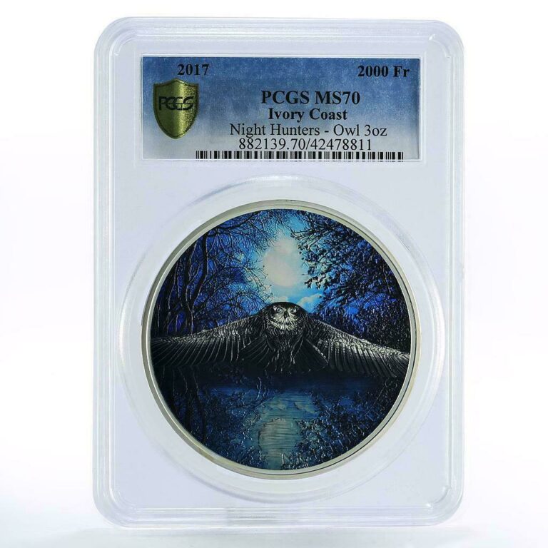 Read more about the article Ivory Coast 2000 francs Night Hunters Owl MS70 PCGS silver coin 2017