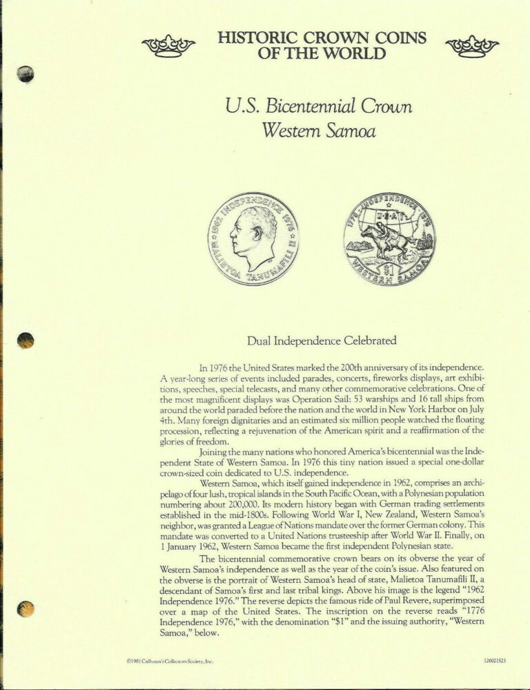 Read more about the article Historic Crown Coins of the World Western Samoa 1 Tala 1976 UNC US Bicentennial*