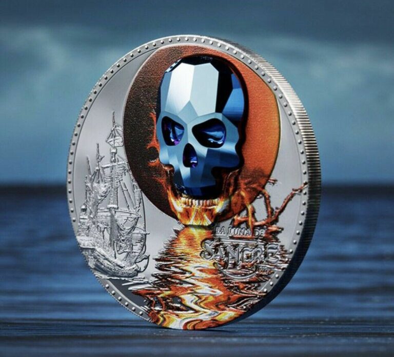 Read more about the article 2019 Swarovski. Crystal Skull Luna De Sangre 1oz Silver Coin Republic De Guinea