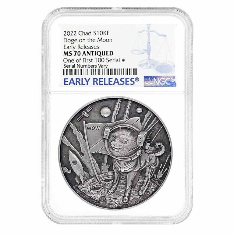 Read more about the article Sale Price- 2022 Chad 2 oz Silver Doge On The Moon NGC MS 70 ER One of First 100