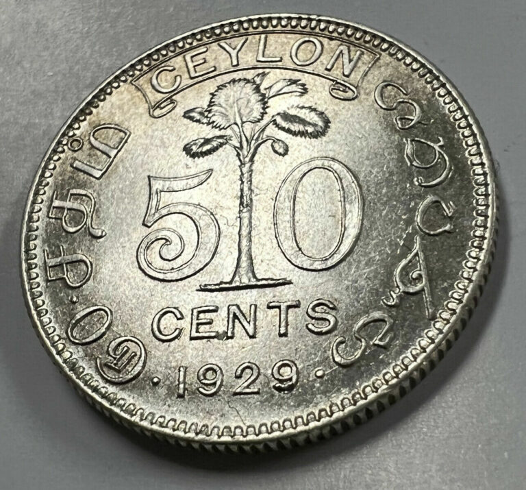 Read more about the article 1929 Ceylon 50 Cents Silver Uncirculated Coin KM 109a George V 500k Minted 50C