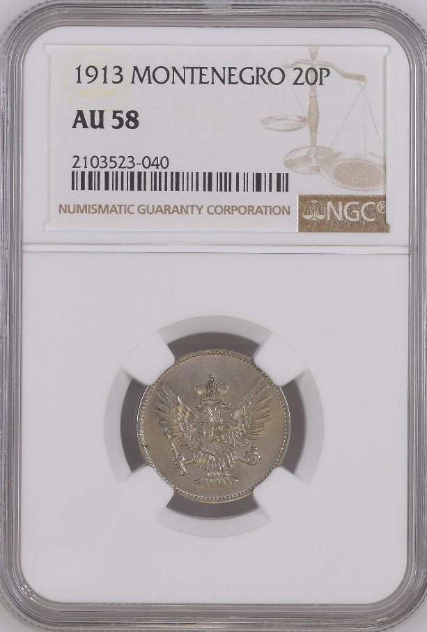 Read more about the article 1913 Montenegro 20 p NGC AU 58 Witter Coin