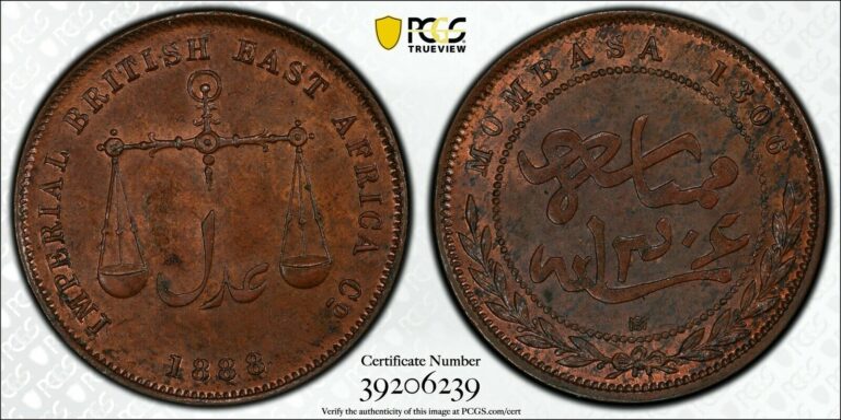 Read more about the article 1888 C/M Mombasa Pice PCGS MS63 BN KM-1.5 Med Letters AH1306 Registry Coin