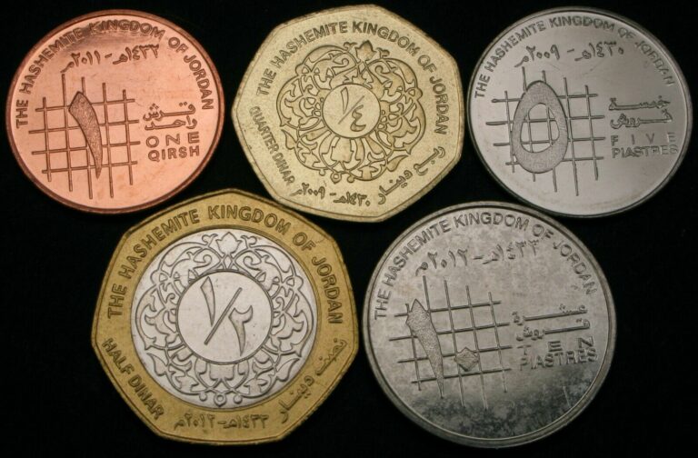 Read more about the article JORDAN 1 Qirsh / 1/2 Dinar 2009 / 2012 – Lot of 5 Coins – UNC *