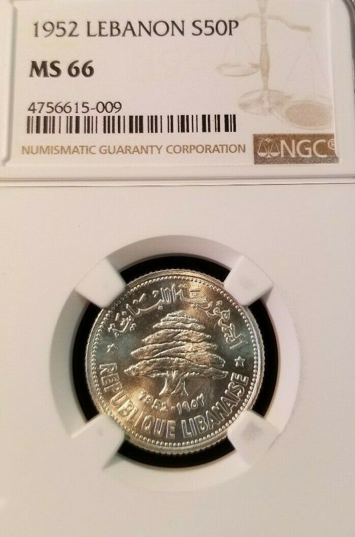 Read more about the article 1952 LEBANON SILVER 50 PIASTRES S50P CEDAR TREE NGC MS 66 BLAZING GEM BU COIN