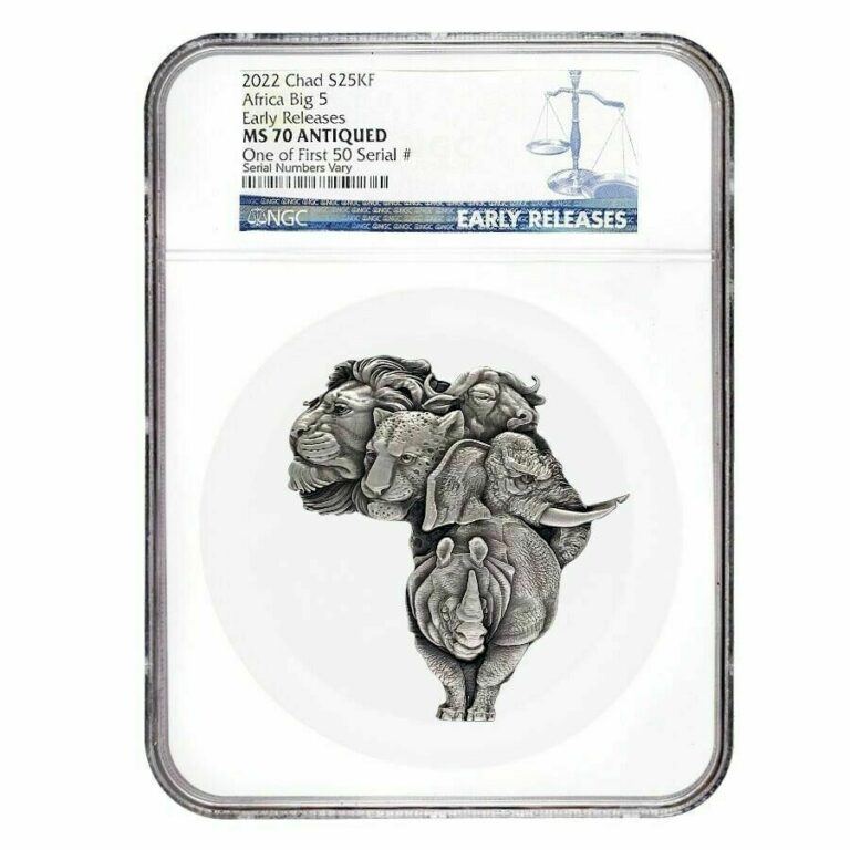 Read more about the article 2022 Chad 5 oz Silver Big Five Africa Shaped Coin NGC MS 70 ER One of First 50