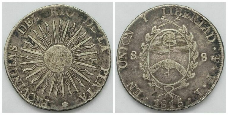 Read more about the article Argentina 1815 PTS F 8 Resles Sunface Large Silver Coin Nice Toned